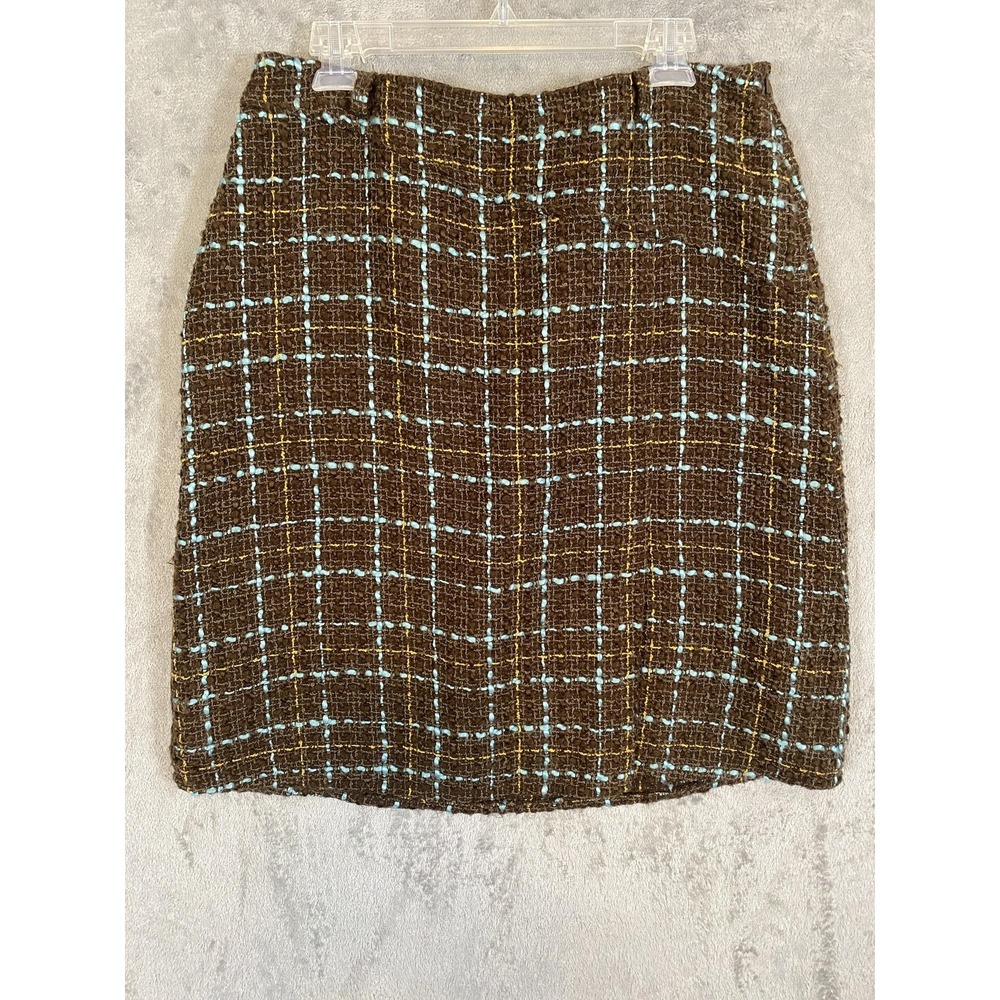 Goodclothes Tweed Skirt Womens 14 Brown Blue Plaid Textured Lined Pencil Career‎